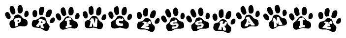 The image shows a series of animal paw prints arranged in a horizontal line. Each paw print contains a letter, and together they spell out the word Princesskamie.