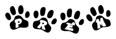 The image shows a series of animal paw prints arranged horizontally. Within each paw print, there's a letter; together they spell Prem