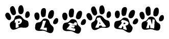 The image shows a series of animal paw prints arranged in a horizontal line. Each paw print contains a letter, and together they spell out the word Plearn.