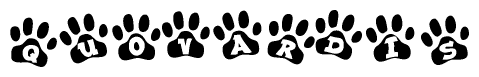 The image shows a series of animal paw prints arranged in a horizontal line. Each paw print contains a letter, and together they spell out the word Quovardis.
