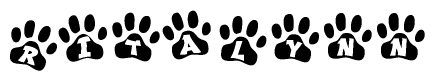The image shows a row of animal paw prints, each containing a letter. The letters spell out the word Ritalynn within the paw prints.