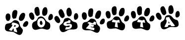The image shows a series of animal paw prints arranged horizontally. Within each paw print, there's a letter; together they spell Rosetta