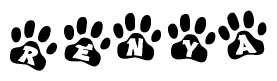 The image shows a series of animal paw prints arranged horizontally. Within each paw print, there's a letter; together they spell Renya