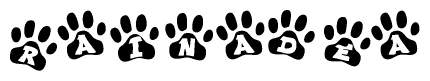 The image shows a series of animal paw prints arranged in a horizontal line. Each paw print contains a letter, and together they spell out the word Rainadea.