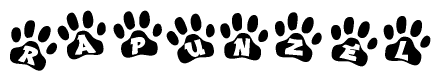 The image shows a row of animal paw prints, each containing a letter. The letters spell out the word Rapunzel within the paw prints.