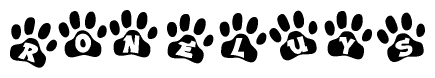 The image shows a series of animal paw prints arranged in a horizontal line. Each paw print contains a letter, and together they spell out the word Roneluys.