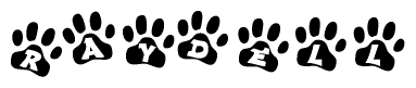 The image shows a series of animal paw prints arranged in a horizontal line. Each paw print contains a letter, and together they spell out the word Raydell.