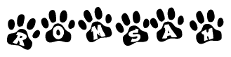 The image shows a row of animal paw prints, each containing a letter. The letters spell out the word Romsah within the paw prints.
