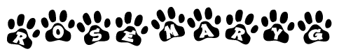 The image shows a series of animal paw prints arranged in a horizontal line. Each paw print contains a letter, and together they spell out the word Rosemaryg.