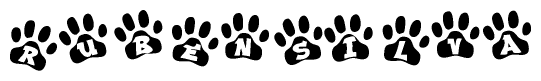 The image shows a series of animal paw prints arranged in a horizontal line. Each paw print contains a letter, and together they spell out the word Rubensilva.