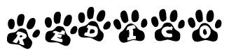 The image shows a series of animal paw prints arranged in a horizontal line. Each paw print contains a letter, and together they spell out the word Redico.
