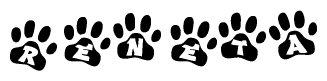 The image shows a series of animal paw prints arranged in a horizontal line. Each paw print contains a letter, and together they spell out the word Reneta.