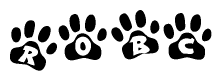The image shows a row of animal paw prints, each containing a letter. The letters spell out the word Robc within the paw prints.