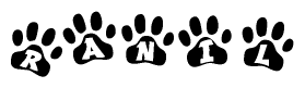 The image shows a series of animal paw prints arranged in a horizontal line. Each paw print contains a letter, and together they spell out the word Ranil.