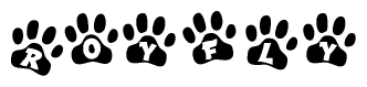 The image shows a row of animal paw prints, each containing a letter. The letters spell out the word Royfly within the paw prints.