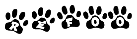 The image shows a row of animal paw prints, each containing a letter. The letters spell out the word Refoo within the paw prints.