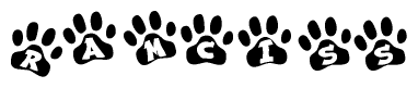 The image shows a series of animal paw prints arranged horizontally. Within each paw print, there's a letter; together they spell Ramciss