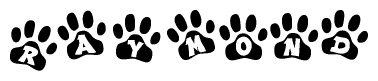 The image shows a row of animal paw prints, each containing a letter. The letters spell out the word Raymond within the paw prints.