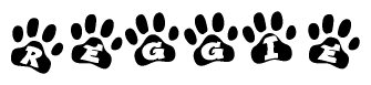 The image shows a series of animal paw prints arranged horizontally. Within each paw print, there's a letter; together they spell Reggie