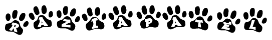 The image shows a series of animal paw prints arranged in a horizontal line. Each paw print contains a letter, and together they spell out the word Raziapatel.