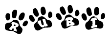 The image shows a row of animal paw prints, each containing a letter. The letters spell out the word Rubi within the paw prints.