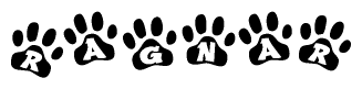 The image shows a series of animal paw prints arranged in a horizontal line. Each paw print contains a letter, and together they spell out the word Ragnar.