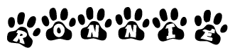 The image shows a series of animal paw prints arranged horizontally. Within each paw print, there's a letter; together they spell Ronnie
