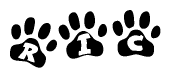 The image shows a series of animal paw prints arranged in a horizontal line. Each paw print contains a letter, and together they spell out the word Ric.