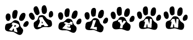The image shows a row of animal paw prints, each containing a letter. The letters spell out the word Raelynn within the paw prints.