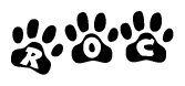 The image shows a series of animal paw prints arranged in a horizontal line. Each paw print contains a letter, and together they spell out the word Roc.