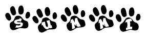 The image shows a series of animal paw prints arranged horizontally. Within each paw print, there's a letter; together they spell Summi