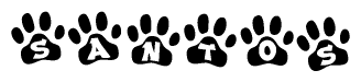 The image shows a series of animal paw prints arranged in a horizontal line. Each paw print contains a letter, and together they spell out the word Santos.