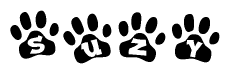 The image shows a series of animal paw prints arranged in a horizontal line. Each paw print contains a letter, and together they spell out the word Suzy.
