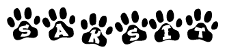 The image shows a row of animal paw prints, each containing a letter. The letters spell out the word Saksit within the paw prints.