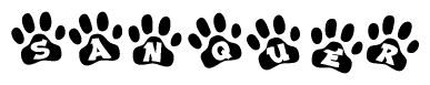 The image shows a series of animal paw prints arranged in a horizontal line. Each paw print contains a letter, and together they spell out the word Sanquer.