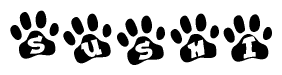The image shows a row of animal paw prints, each containing a letter. The letters spell out the word Sushi within the paw prints.