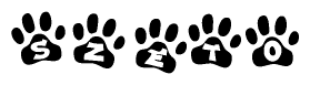 The image shows a row of animal paw prints, each containing a letter. The letters spell out the word Szeto within the paw prints.