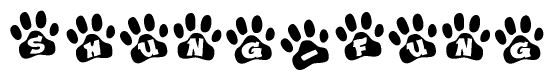 The image shows a series of animal paw prints arranged in a horizontal line. Each paw print contains a letter, and together they spell out the word Shung-fung.