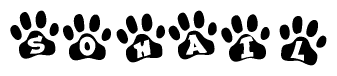 The image shows a series of animal paw prints arranged in a horizontal line. Each paw print contains a letter, and together they spell out the word Sohail.