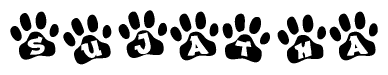 The image shows a series of animal paw prints arranged horizontally. Within each paw print, there's a letter; together they spell Sujatha
