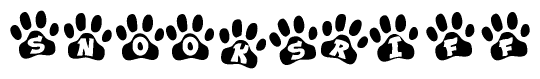 The image shows a series of animal paw prints arranged horizontally. Within each paw print, there's a letter; together they spell Snooksriff