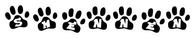 The image shows a series of animal paw prints arranged in a horizontal line. Each paw print contains a letter, and together they spell out the word Shennen.
