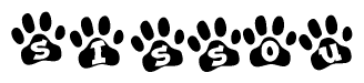 The image shows a series of animal paw prints arranged in a horizontal line. Each paw print contains a letter, and together they spell out the word Sissou.