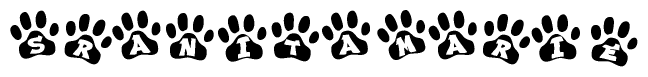 The image shows a series of animal paw prints arranged horizontally. Within each paw print, there's a letter; together they spell Sranitamarie