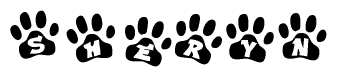 The image shows a row of animal paw prints, each containing a letter. The letters spell out the word Sheryn within the paw prints.