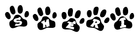 The image shows a series of animal paw prints arranged horizontally. Within each paw print, there's a letter; together they spell Sheri