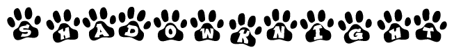 The image shows a row of animal paw prints, each containing a letter. The letters spell out the word Shadowknight within the paw prints.