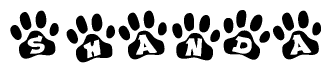 The image shows a series of animal paw prints arranged horizontally. Within each paw print, there's a letter; together they spell Shanda