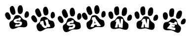 The image shows a series of animal paw prints arranged horizontally. Within each paw print, there's a letter; together they spell Susanne