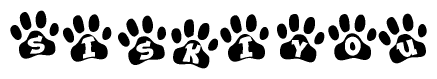 The image shows a row of animal paw prints, each containing a letter. The letters spell out the word Siskiyou within the paw prints.